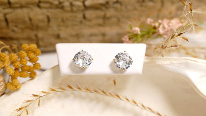 14k Yellow Gold CZ 7mm Round Basket Stud Earrings
