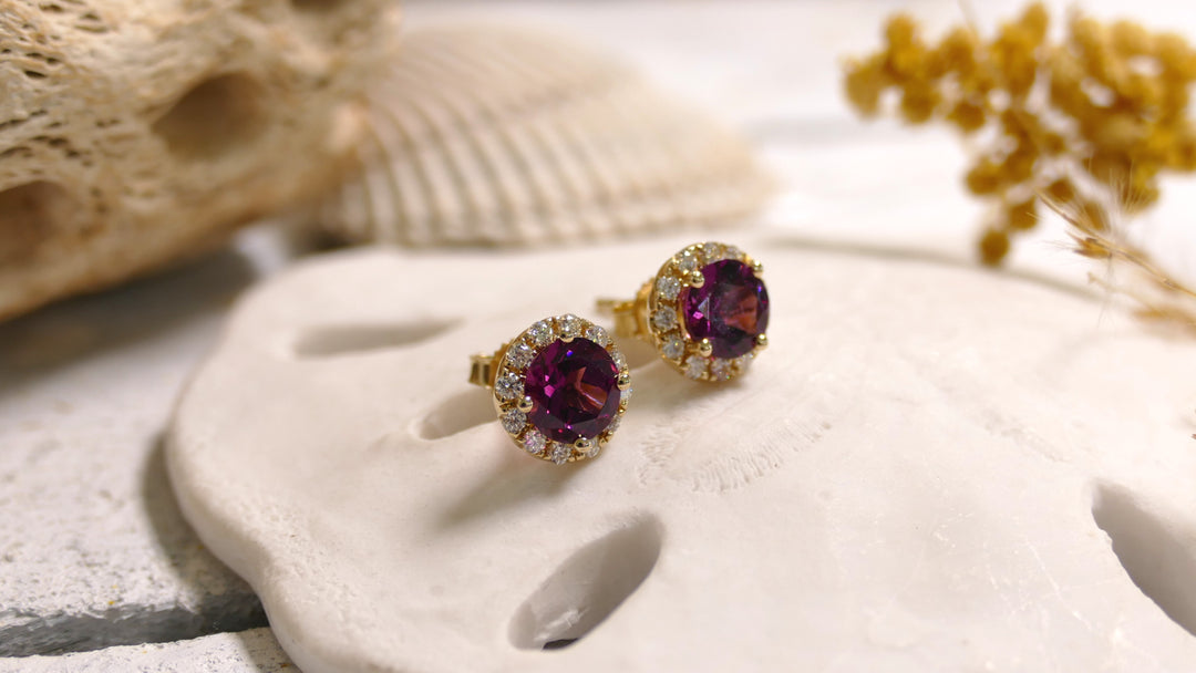 14k Yellow Gold Round 0.31ct - Pink Rhodolite Diamond Stud Earrings