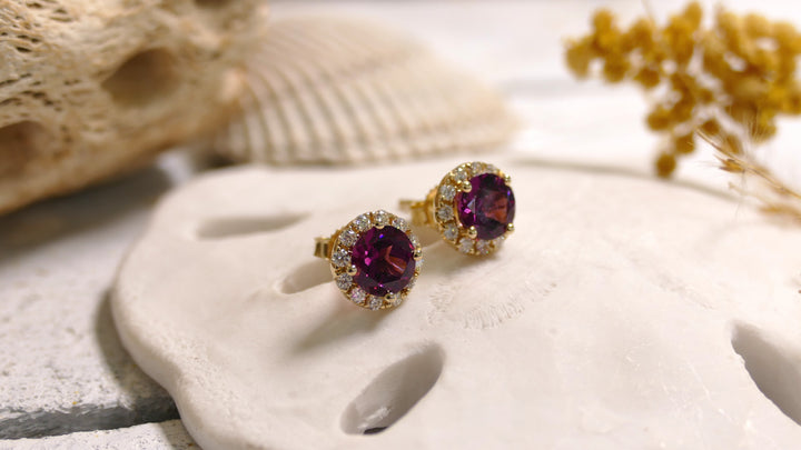 14k Yellow Gold Round 0.31ct - Pink Rhodolite Diamond Stud Earrings