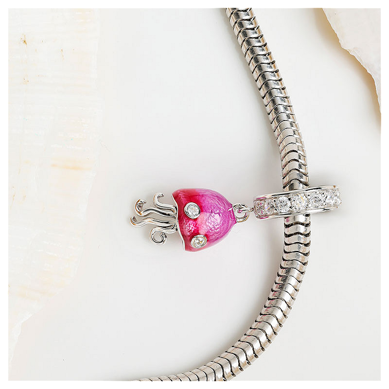Ocean - Sterling Silver - Pink Enamel Cubic Zirconia Jellyfish Dangle Charm