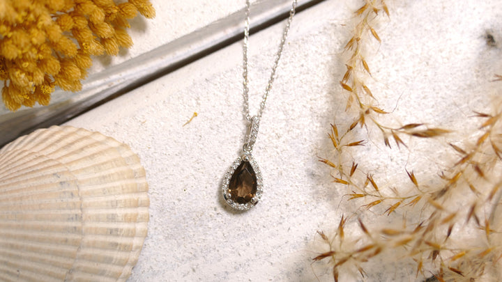14k White Gold Diamond Halo 0.07ct Smoky Quartz Pear Necklace