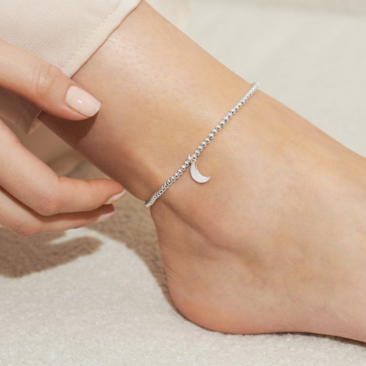 A Little & Co - Brass - Silver Plated - Silver Moon - Crescent Moon Stretch Beaded Anklet 9 1/16"