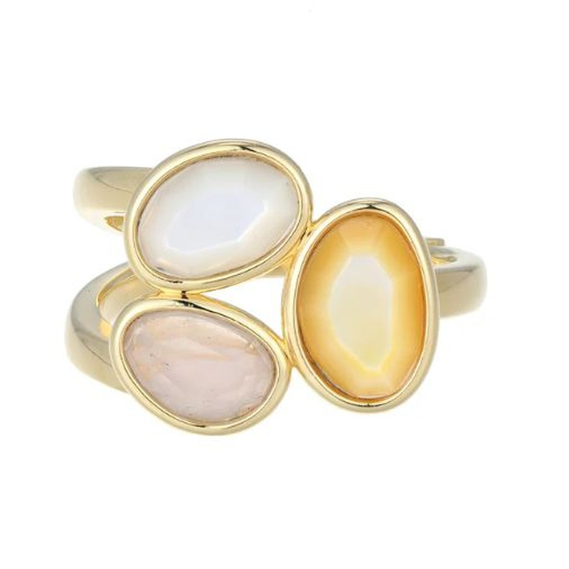 ELLE PARIS - Sterling Silver - Gold Plated Triple Stone Oval Mother of Pearl Ring