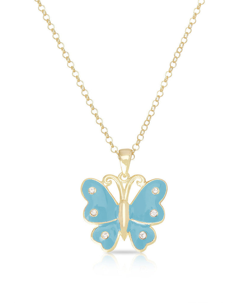 Brass - 18K Gold Plated -Blue Enamel- Crystal Butterfly Necklace 14-16"