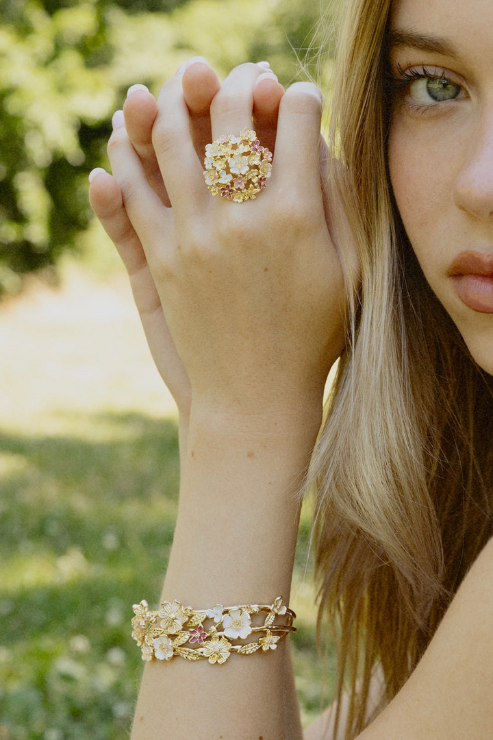 Anabel Arum - Brass - 18K Gold Plated -Cuff- Enamel Bangle Wildflower Bracelet