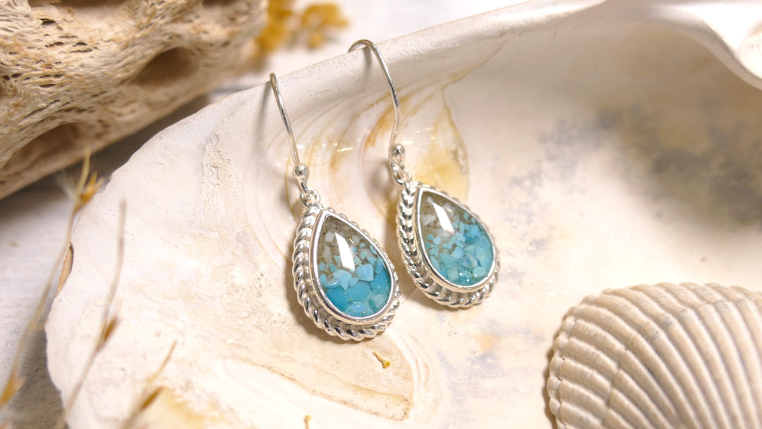 Dune - Sterling Silver - Roped Round Turquoise Gradient Ocean City Beach Sand Lever Back Earrings