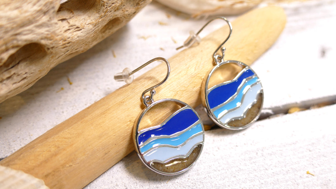 Dune - Sterling Silver - Hues of Blue, Wave Sea Glass Drop Ocean City Beach Sand Earrings