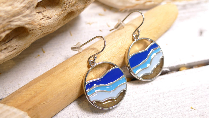 Dune - Sterling Silver - Hues of Blue, Wave Sea Glass Drop Ocean City Beach Sand Earrings