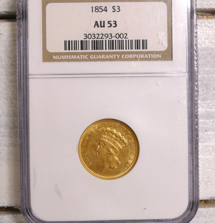 U.S 1854 3 dollar Gold Coin Philadelphia Mint AU 53