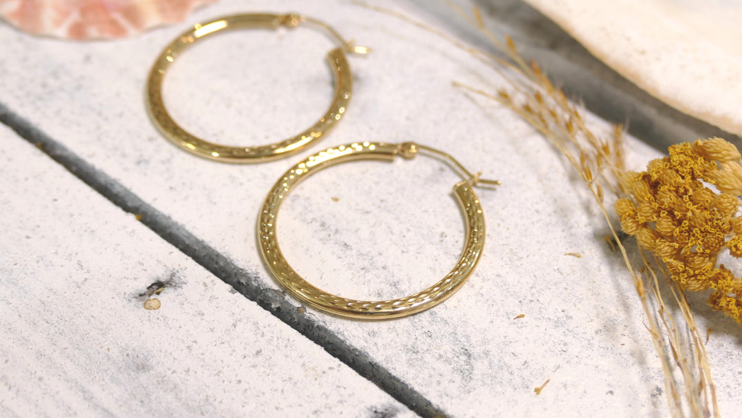 14k Yellow Gold Flat Diamond Cut Hoop Earrings