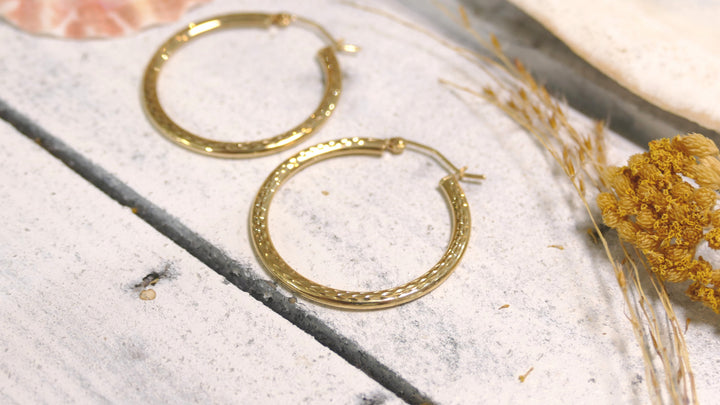 14k Yellow Gold Flat Diamond Cut Hoop Earrings