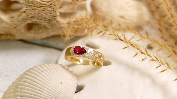 14k Yellow Gold Ruby 0.59ct + Diamond 0.15ct Band Teardrop - Brushed Ring