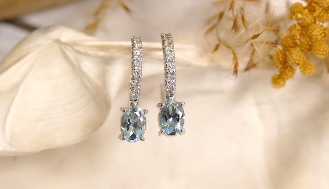 14k White Gold Oval .7ct Aquamarine Hoop Earrings