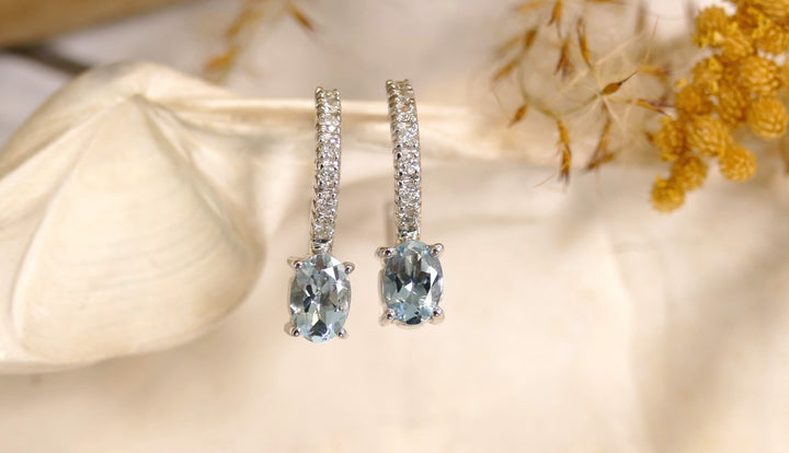 14k White Gold Oval .7ct Aquamarine Hoop Earrings