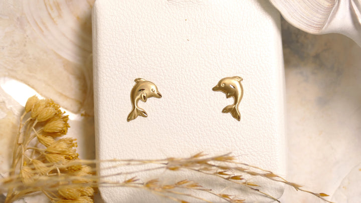 14k Yellow Gold Diamond Cut Dolphin Stud Earrings