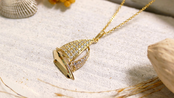14k Yellow Gold Sailboat 0.32ct Diamond Necklace