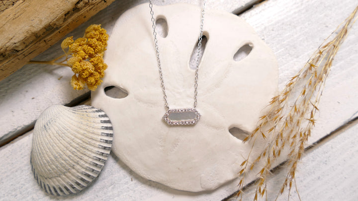Sterling Silver - Silver CZ Border - Hexagon Mother of Pearl Necklace