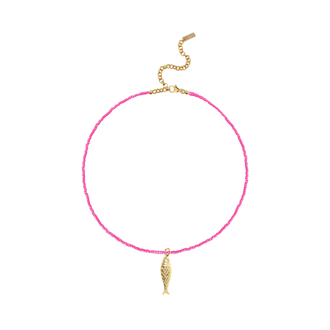 Adriana Pappas - Brass - 14K Gold Filled - Pink - Glass Beads Cubic Zirconia Chain Fish Necklace 15-18"