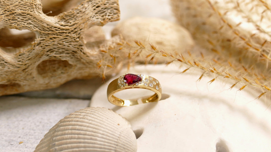 14k Yellow Gold Ruby 0.59ct + Diamond 0.15ct Band Teardrop - Brushed Ring