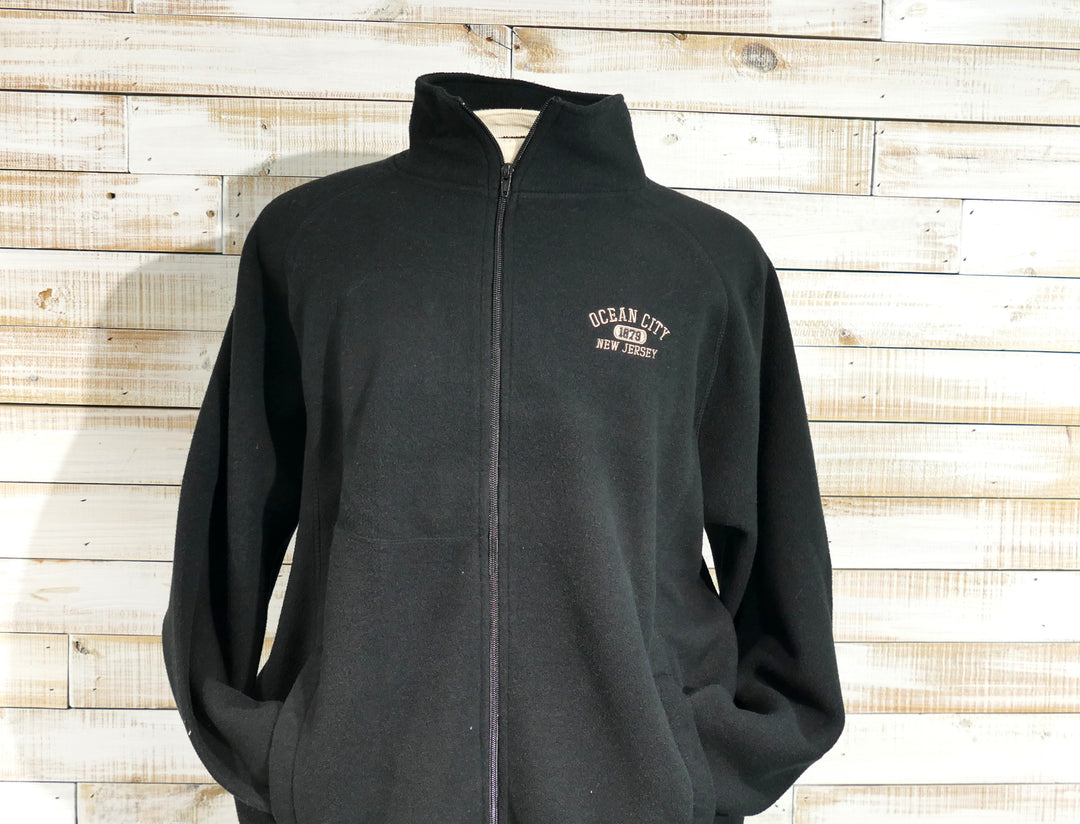 Long Sleeve Full Zip Cadet Collar Fleece Sweatshirt - Black (Large)