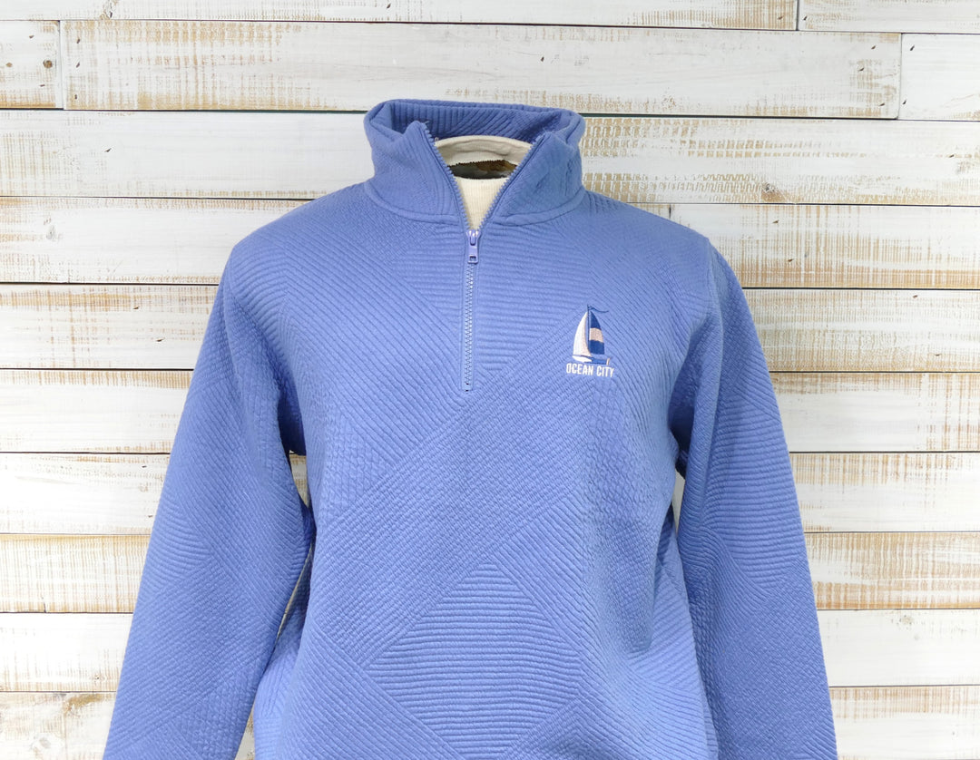 Ocean City Classics - Long Sleeve 1/4 Zip Cadet Collar Textured Sailboat Sweatshirt - Blue Periwinkle