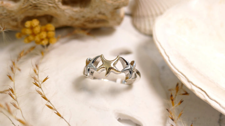 Sterling Silver - Two Tone 14KY Center Starfish - Starfish Ring