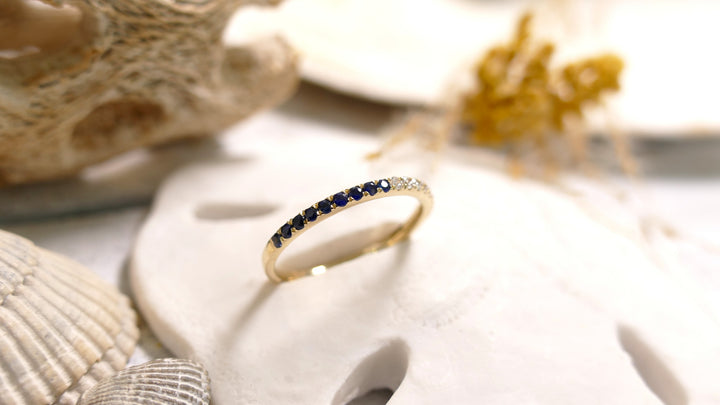 14k Yellow Gold Sapphire Band Half & Half Diamond Ring (Size 7)