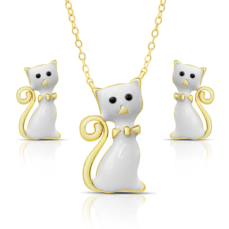 Lily Nily - Brass - 18K Gold Plated - Cat - White - Enamel Necklace/Earring Set 14-16"