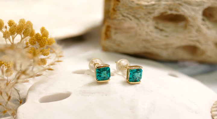14k Yellow Gold Square 2.0ct Paraiba Tourmaline Stud Earrings