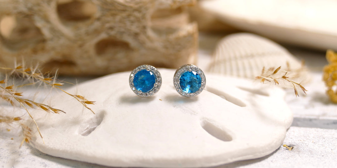925 Sterling Silver Sim Blue Topaz CZ Halo Stud Earring