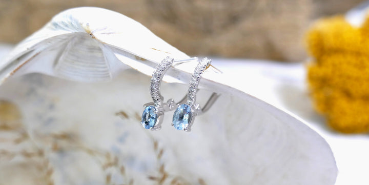14k White Gold Oval .7ct Aquamarine Hoop Earrings