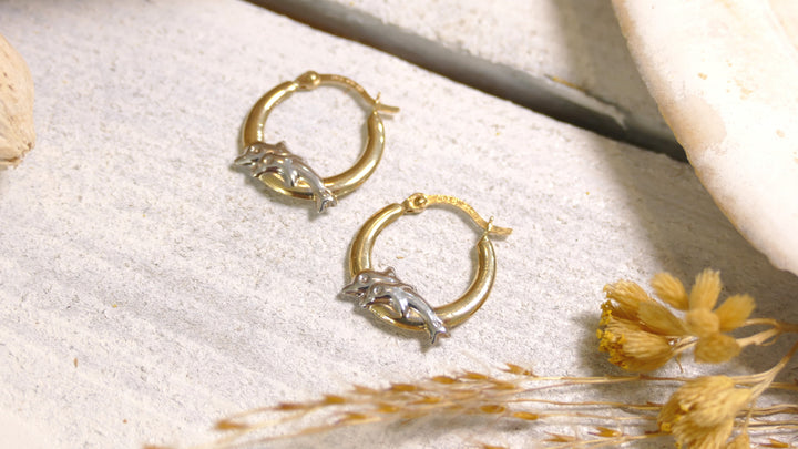 14k Two Tone Double Dolphin Hoop Earrings