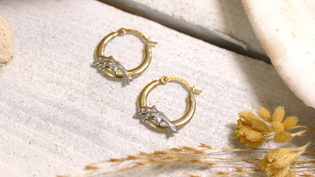14k Two Tone Double Dolphin Hoop Earrings