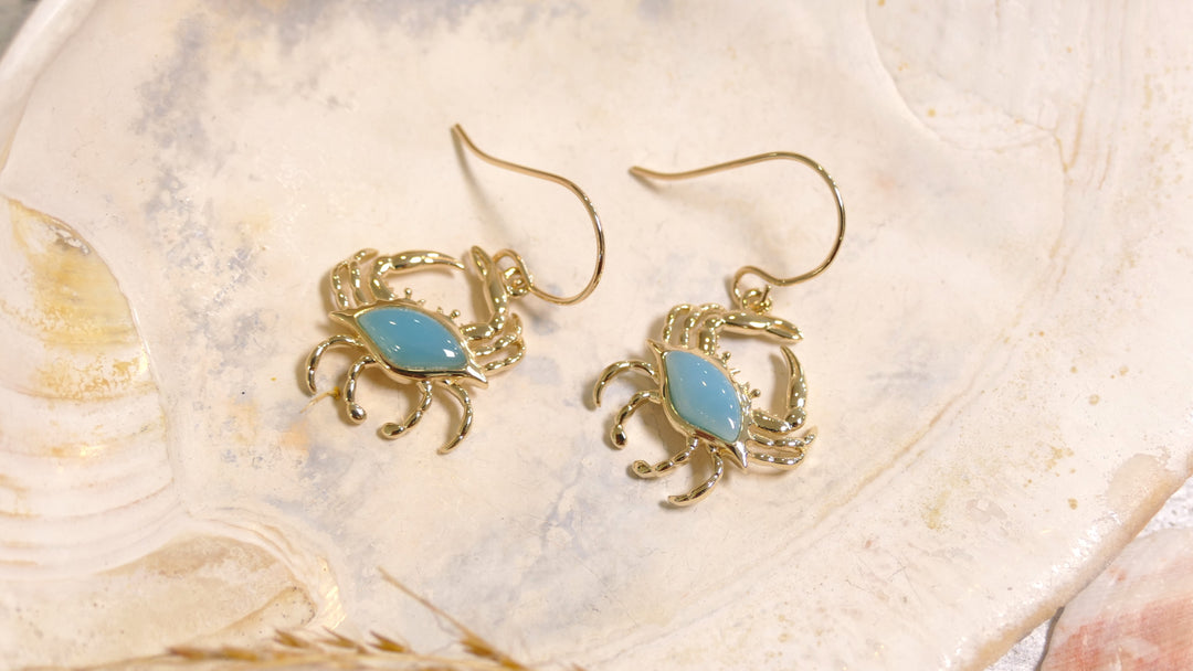 14k - Yellow Gold Larimar Crab Dangle Earrings