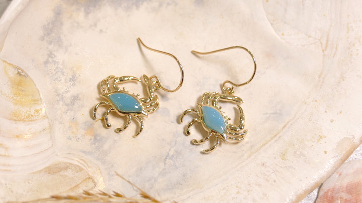 14k - Yellow Gold Larimar Crab Dangle Earrings
