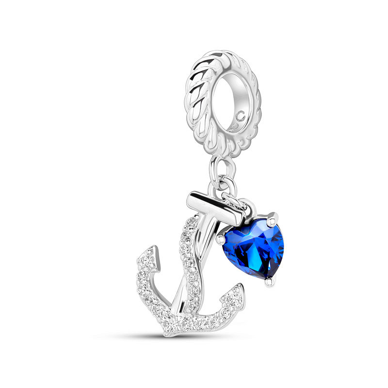 Ocean - Sterling Silver - Sapphire Cubic Zirconia Anchor Dangle Charm
