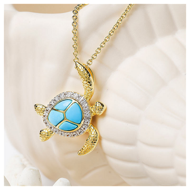 Ocean - Sterling Silver - Gold Vermeil White Lab Sapphire Turquoise Turtle Necklace
