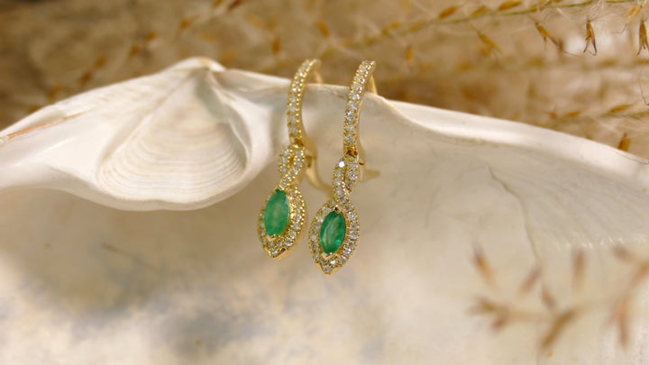 10k Yellow Gold Marquise .3ct Emerald Dangle Earrings