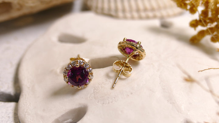 14k Yellow Gold Round 0.31ct - Pink Rhodolite Diamond Stud Earrings