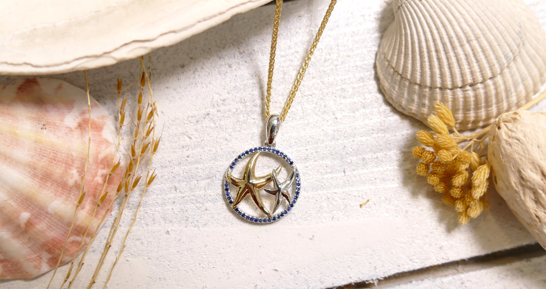 14k - Two Tone Double Starfish Sapphire Pendant