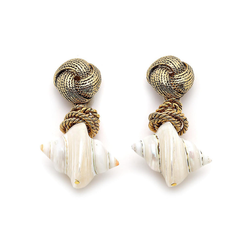 Adriana Pappas - Brass - Gold Large Knot - Clip On Shell Drop Earrings