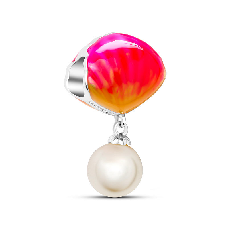 Ocean - Sterling Silver - Pink/Orange Enamel Pearl Shell Bead Charm