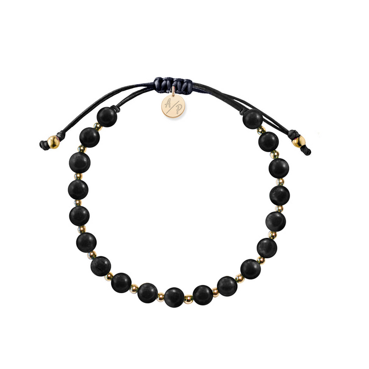 Adriana Pappas - - 14K Gold Filled -Men's- Black Jade Beaded Cord Bracelet - Adjustable