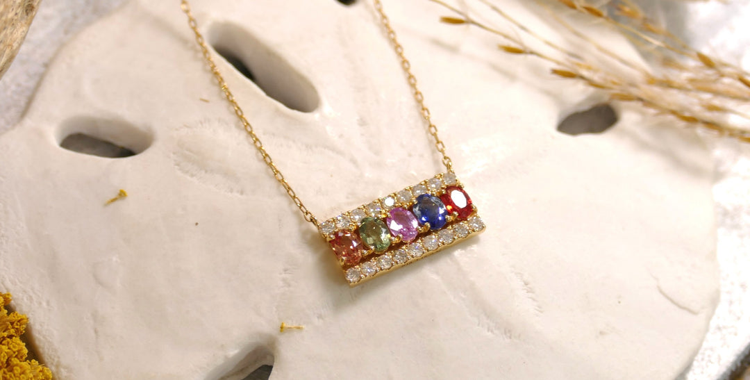 18k Yellow Gold 5 Stone Bar - Rainbow Gradient - Natural Diamond 0.32ct Sapphire Necklace