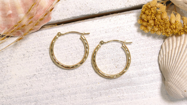 14k Yellow Gold Diamond Cut Hoop Earrings