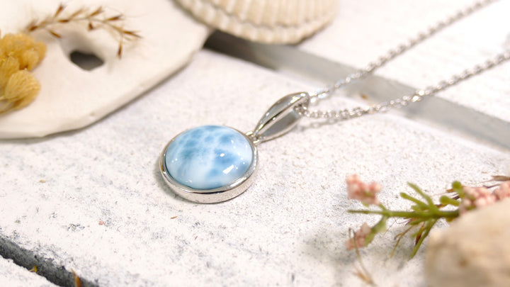 Sterling Silver - Silver 15.05mm Round Larimar Necklace