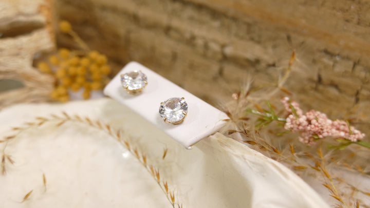 14k Yellow Gold CZ 7mm Round Basket Stud Earrings
