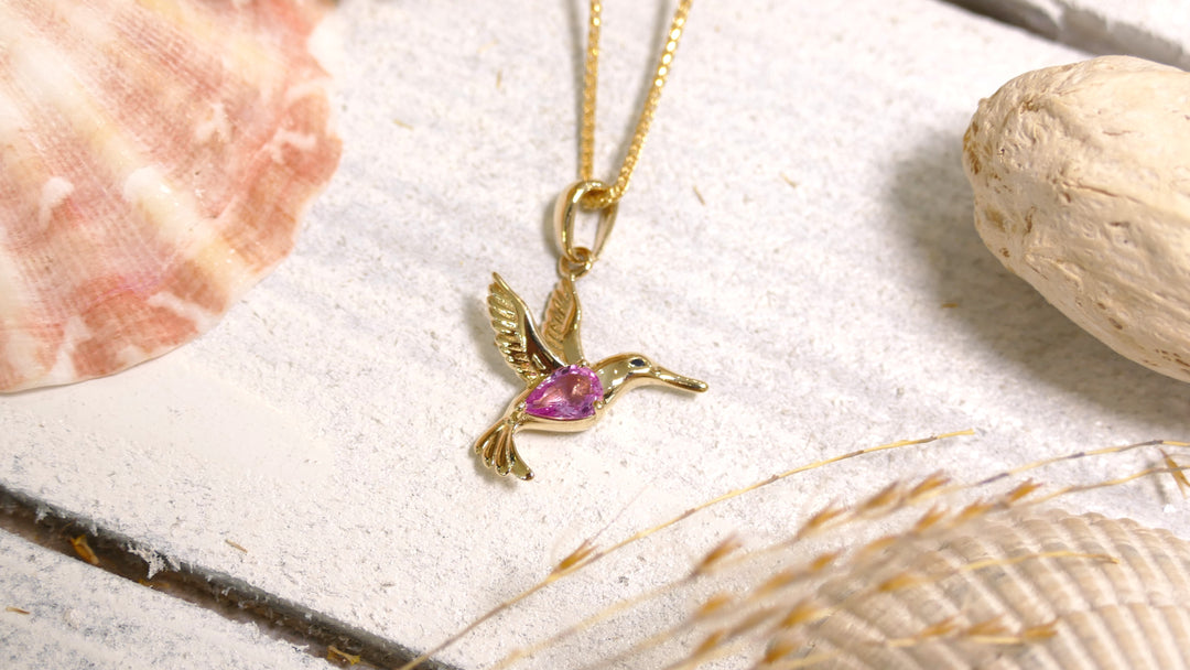 14k - Yellow Gold Hummingbird Pink Sapphire Pendant