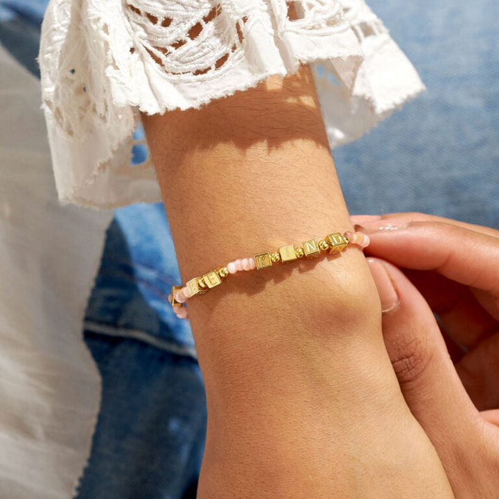 A Little & Co - Brass - Gold - Pink Shells - Be Kind - Heart Stretch Beaded Bracelet 6 7/8"