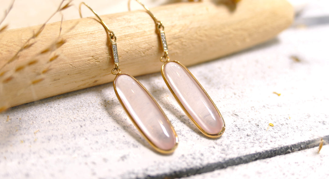 14k Yellow Gold Oval (Blush Pink) Diamond Dangle Earrings